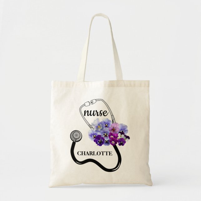Bolso De Tela Enfermero de estetioscopio floral de pansy azul (Frente)