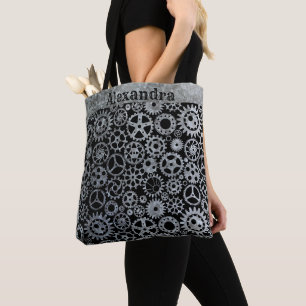 Bolso De Tela Engranajes de Zinc Plateado Steampunk Nombre Perso