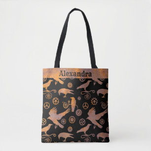 Bolso De Tela Engranajes Oxidados Steampunk y Cuervos Nombre Per