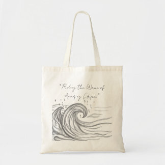 Bolso De Tela Enorme ola del océano dibujada a mano en negro y b