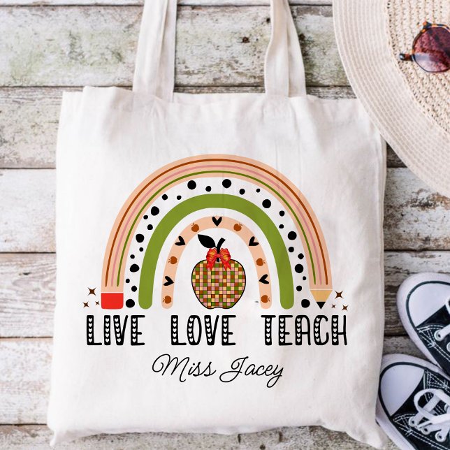 Bolso De Tela Enseñanza de amor inspira agradecimiento a los pro (LIVE LOVE TEACH RAINBOW Personalized Name Teacher tote bag, teacher gift, teacher appreciation )
