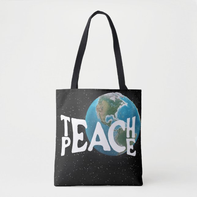 Bolso De Tela "Enseñar la paz" Texto y planeta Tierra (Anverso)