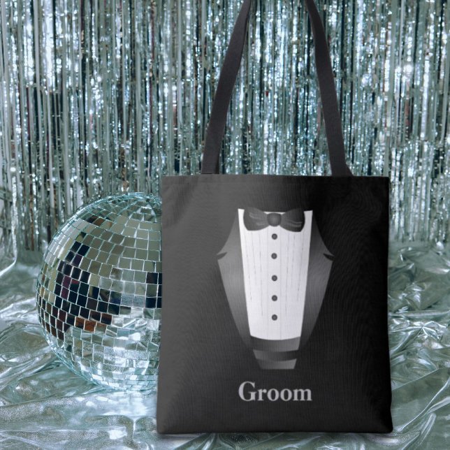 Bolso De Tela Equipo de padrino de despedida de soltero Novio es (Bachelor Party Groomsman Team Groom black tuxedo Tote Bag)