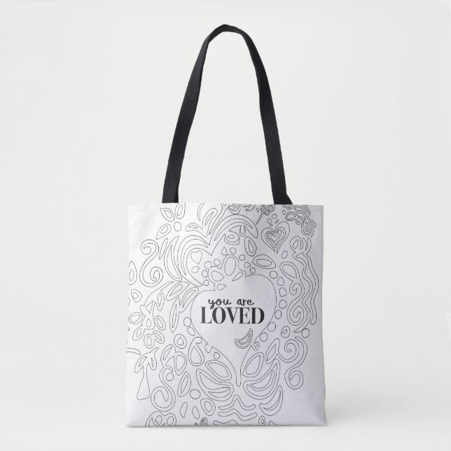 Bolso De Tela Eres amado, con un patrón delineado negro (Anverso)