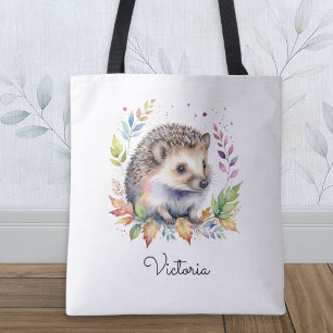 Bolso De Tela Erizo Acuarela Animal Del Bosque Personalizado