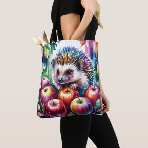 Bolso De Tela Erizo de Acuarela Vibrante con Manzanas de Otoño
