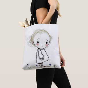 Bolso De Tela Esbozo De Niña Pequeña Con Flores Silvestres