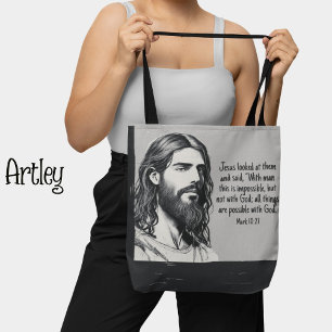 Bolso De Tela Esbozo de retrato de Jesús Cita de la Biblia en bl