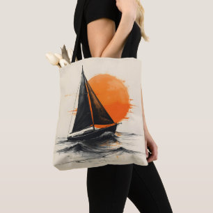Bolso De Tela Esbozo de Silhouette de Sunrise Sailboat