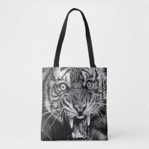 Bolso De Tela Esbozo de un tigre salvaje en negro y blanco, whie