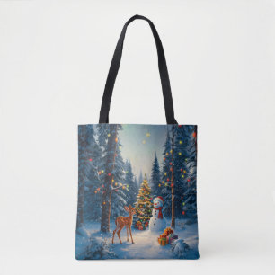 Bolso De Tela Escena De Árbol De Navidad Cute Deer Fawn Snowman