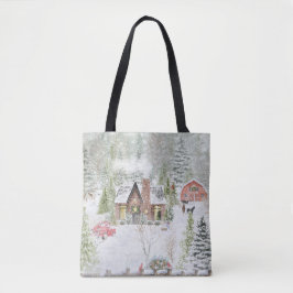 Bolso De Tela Escena de cabaña de Navidad de invierno nevado