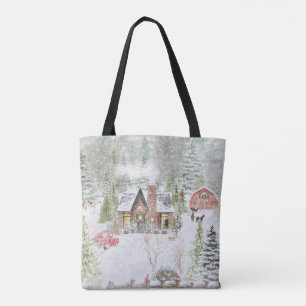 Bolso De Tela Escena de cabaña de Navidad de invierno nevado