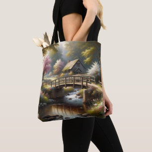 Bolso De Tela Escena de cabaña de puente primaveral Cottagecore