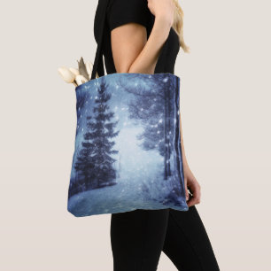 Bolso De Tela Escena de invierno del bosque mágico iluminado por