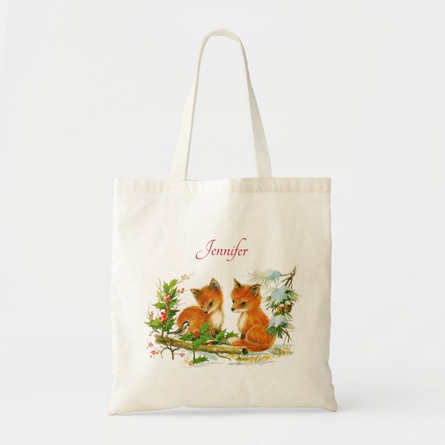 Bolso De Tela Escena de Navidades Retro de zorros de época (Frente)