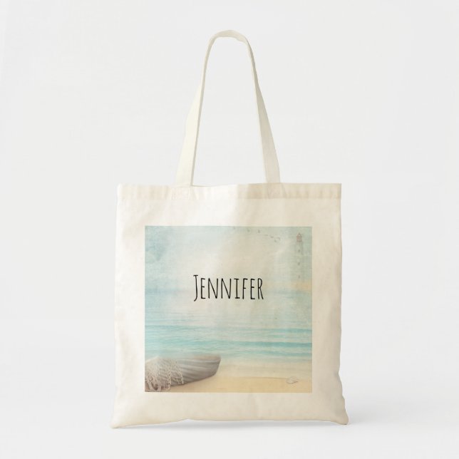 Bolso De Tela Escena de playa costera con barco pesquero (Frente)