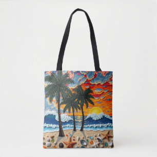 Bolso De Tela Escena de playa hermosa con palmeras