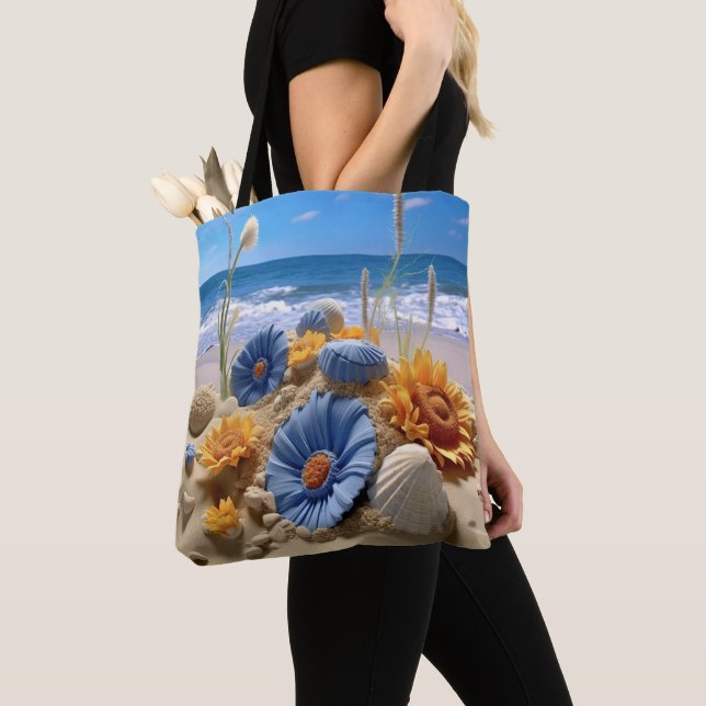BOLSO DE TELA ESCENA DE PLAYA PACÍFICA CON CONCHAS (Detalle)