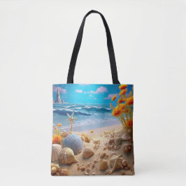BOLSO DE TELA ESCENA DE PLAYA TRANQUILA CON CONCHAS