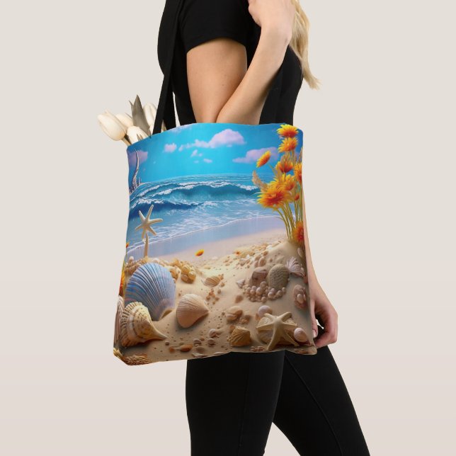 BOLSO DE TELA ESCENA DE PLAYA TRANQUILA CON CONCHAS (Detalle)