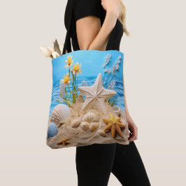 BOLSO DE TELA ESCENA DE PLAYA TRANQUILA CON CONCHAS DE MAR