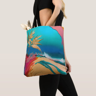 Bolso De Tela Escena de playa tropical abstracta vibrante