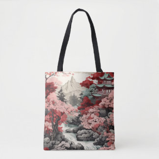 Bolso De Tela Escena del bosque del templo japonés Sakura