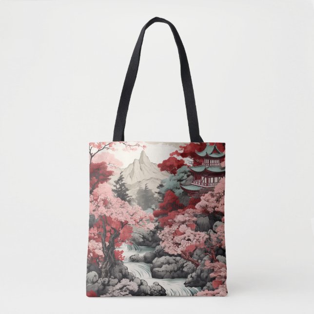 Bolso De Tela Escena del bosque del templo japonés Sakura (Anverso)