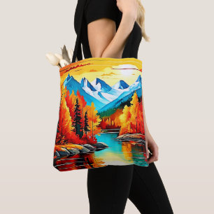 Bolso De Tela Escena del lago de la montaña del otoño