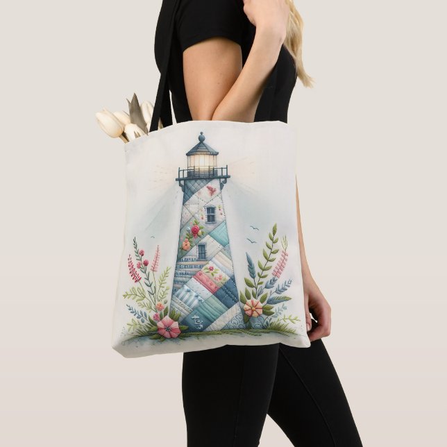 Bolso De Tela Escena floral costera del faro de patchwork (Detalle)