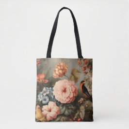 Bolso De Tela Escena Floral y de Aves Vintage Vibrante