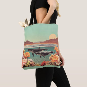 Bolso De Tela Escena Oceánica Surrealista Con Ballenas Y Coral