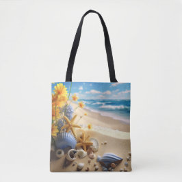 BOLSO DE TELA ESCENA PLAYA TRANQUILA CON CONCHAS DE MAR