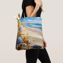BOLSO DE TELA ESCENA PLAYA TRANQUILA CON CONCHAS DE MAR