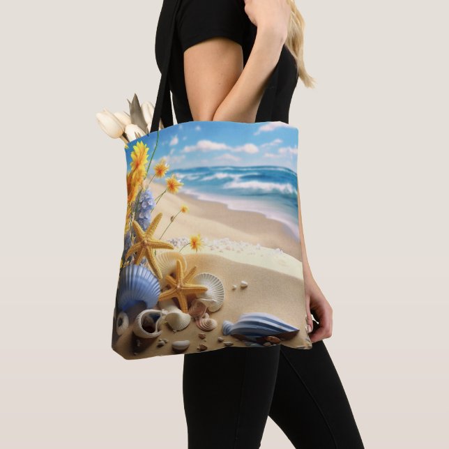BOLSO DE TELA ESCENA PLAYA TRANQUILA CON CONCHAS DE MAR (Detalle)