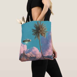 Bolso De Tela Escena surrealista de montaña con OVNI y palmera