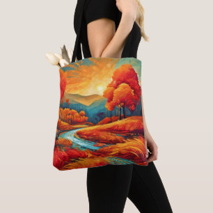 Bolso De Tela Escena vibrante del río otoñal
