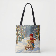 Escena vintage de Navidad, niño en trineo con cach