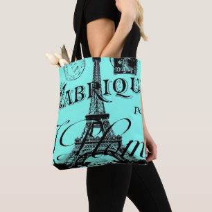Bolso De Tela escritura azul turquesa aqua Paris Torre Eiffel