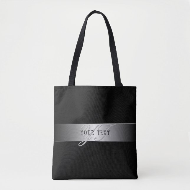 Bolso De Tela Escritura de monograma elegante editable | Negro (Anverso)