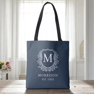 Bolso De Tela Escudo azul de la Marina Monograma Boda botánico