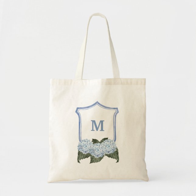 Bolso De Tela Escudo de hidrangea azul y cesta personalizada (Frente)