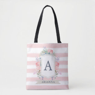 Bolso De Tela Escudo floral de la acuarela con la raya del