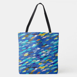 Bolso De Tela Escuela de peces, azul oscuro, blanco y turquesa