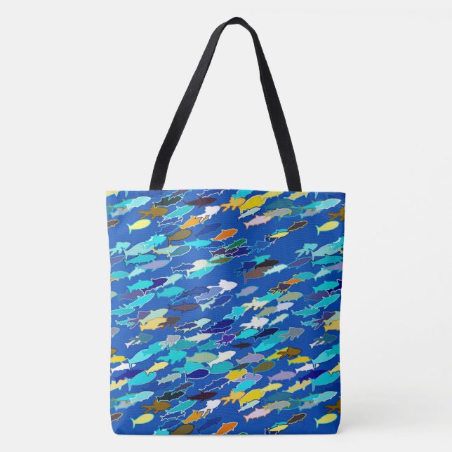 Bolso De Tela Escuela de peces, azul oscuro, blanco y turquesa (Anverso)