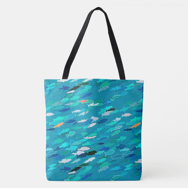 Bolso De Tela Escuela de Pescado, Turquesa, Azul y Aqua (Anverso)