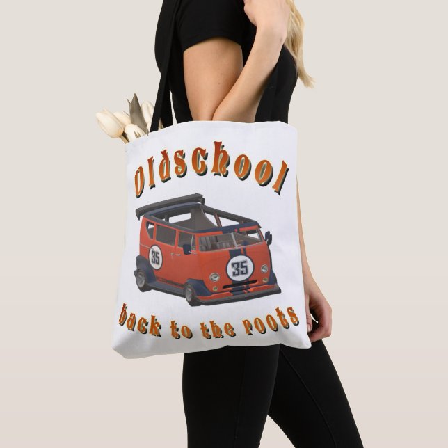Bolso De Tela Escuela vieja, auto viejo en rojo (Detalle)