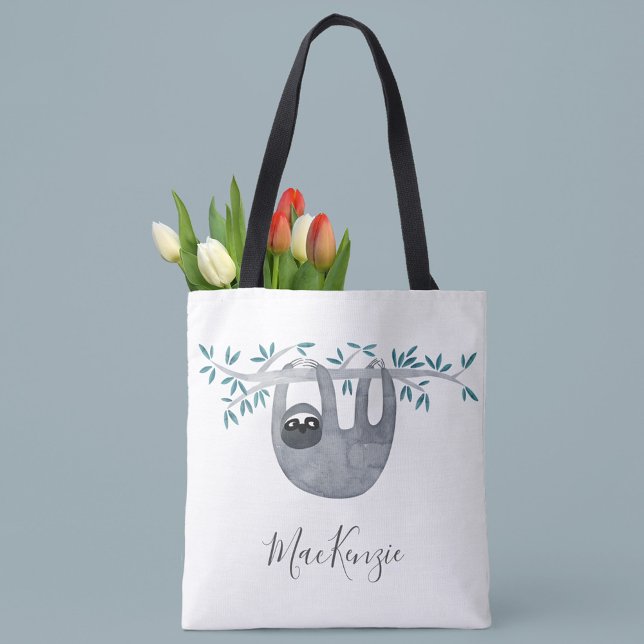 Bolso De Tela Eslora Cuta Personalizada (Watercolor sloth personalized script name tote bag)
