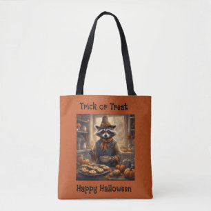 Bolso De Tela Espantapájaros Mapache cocinando cena de Halloween